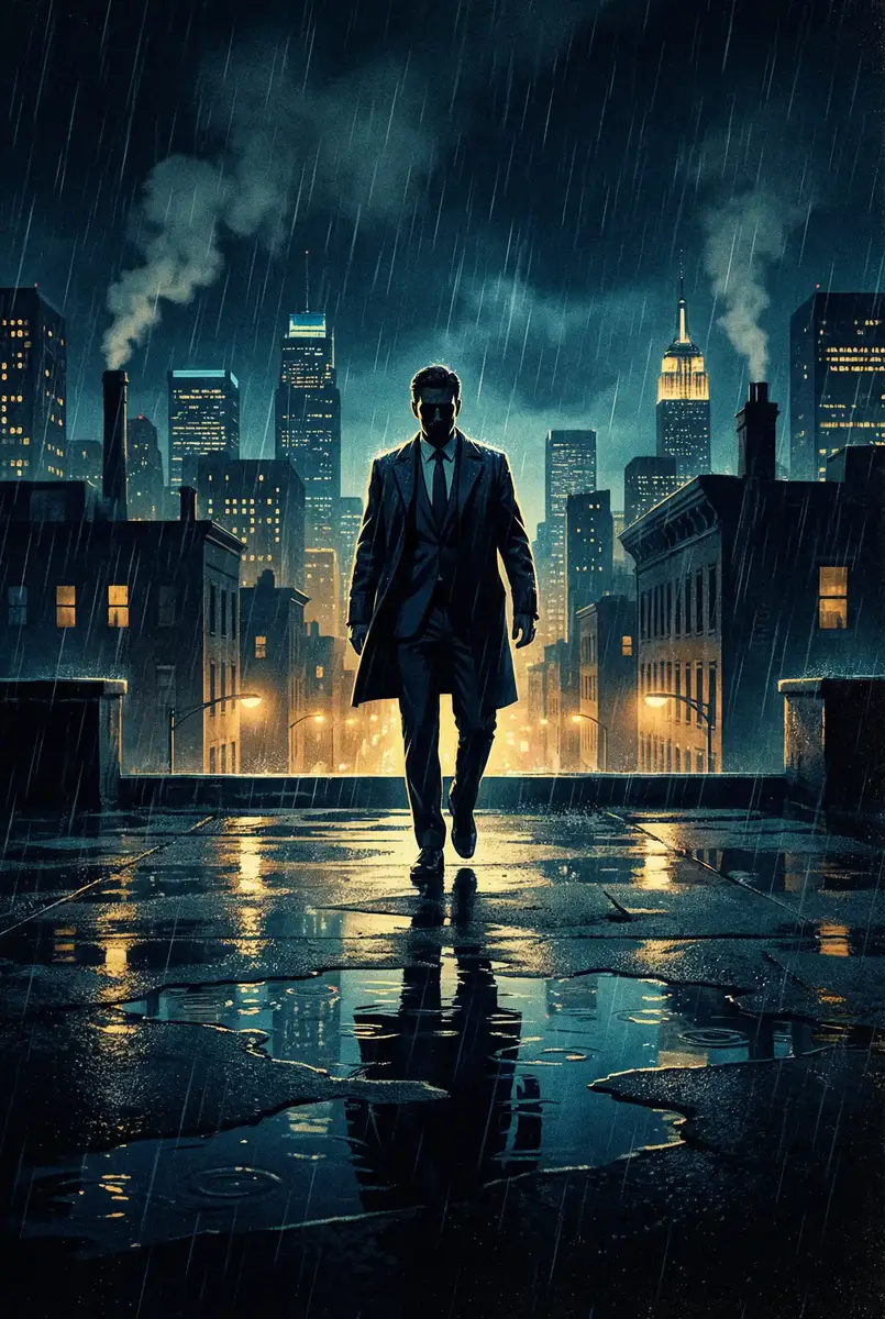 贾跃亭转让股份 出品影片《雨夜独行者》海报，雨中城市屋顶男性剪影